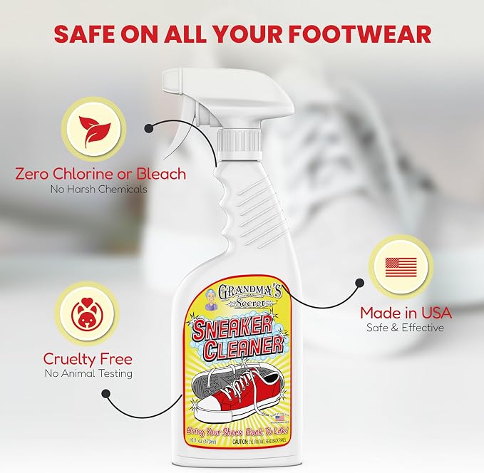 Grandma's Secret Sneaker Cleaner - Shoe Cleaner for Rubber, Canvas and Leather - Stain Remover Spray Removes Dirt, Grime and Grass - Sneakers Cleaner for Outdoor Shoes, Slippers and Moccasins – 16 oz