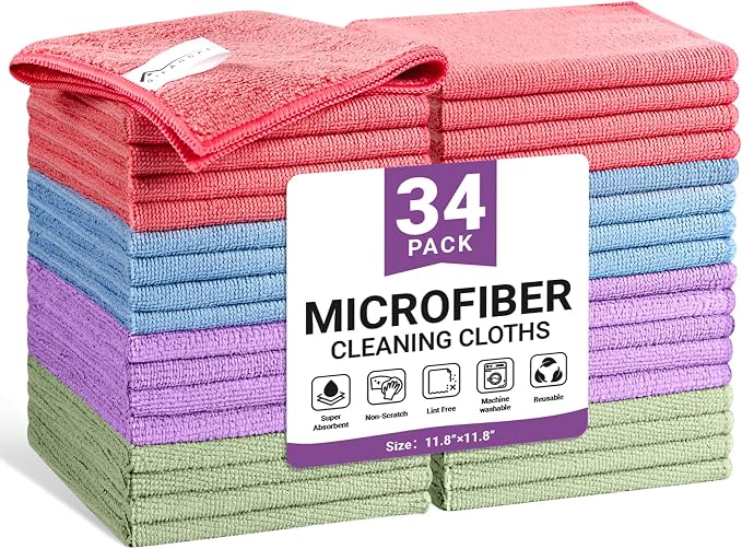SIFANGKE Microfiber Cleaning Cloth, 34 Pack Assorted Color Cleaning Rags for Housekeeping, Colorful Reusable Microfiber Towels for Car, Kitchen, Bathroom and Household Cleaning Supplies, 11.8"X11.8"