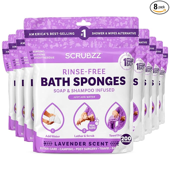Scrubzz Disposable No Rinse Bathing Wipes - All-in-1 Single Use Shower Wipes, Simply Dampen, Lather, and Dry Without Shampoo or Rinsing (Lavender, 8-Pack)
