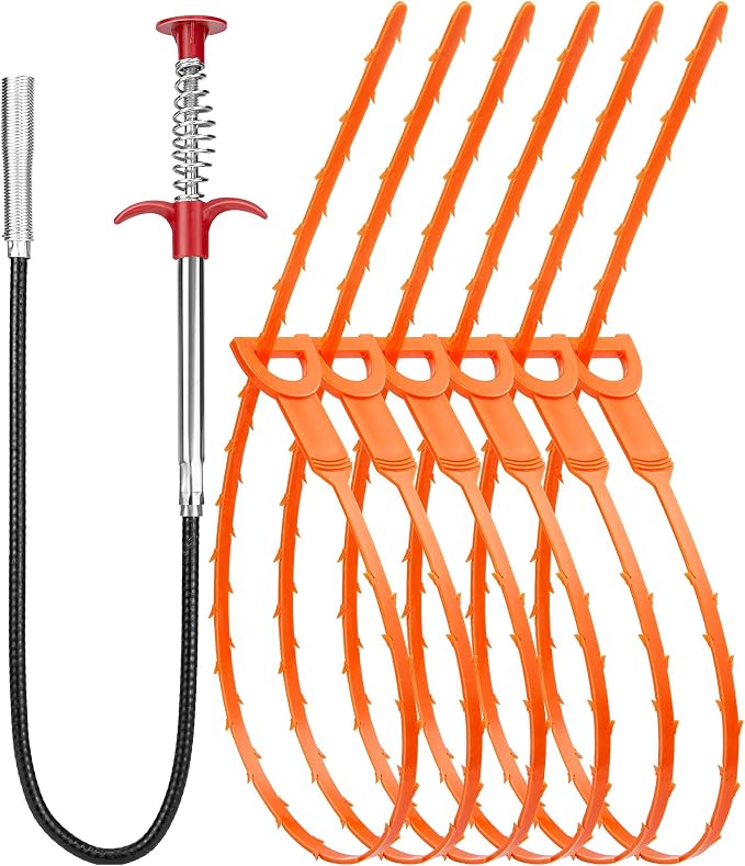 Oanie 7 Pack 25inch Drain Clog Remover Tool, Cleaner Hair Clog Remover(6pcs), Cleaner Sticks to Drain Hair Clog for Remover(1pcs), Sink Snake for Shower Kitchen Sink Bath Tub Bathroom(6+1)