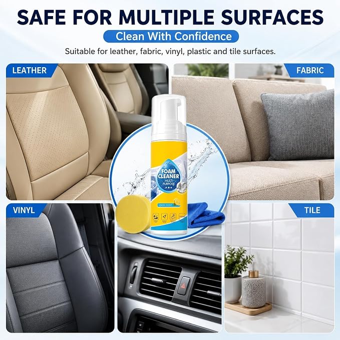 Foam Cleaner, 4-in-1 Multi-Enzyme Foam Cleaners, New Foam No-Rinse Cleaner,Multifunctional Foam-Cleaner Deep Cleaning Spray for Car Interior Leather Car Seat Cleaner, Kitchen Grease, Sofa Upholstery