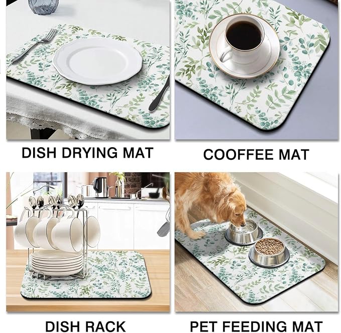 Dish Drying Mat 2-Pack in Green Leaves for Kitchen Counter Dishes Mat | Diatom Mud Mats (18x24, 19.5x12"). Non-slip rubber back for kitchen counter, coffee bar & sink scenes