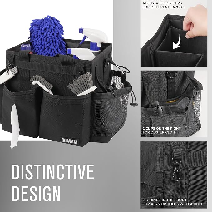 SCAVATA Compact Wearable Cleaning Caddy with Handle & Shoulder Straps | Small Cleaning Supplies Organizer, Under Sink & Car Cleaning Tools Storage Bag for Housekeepers Cleaners, Black