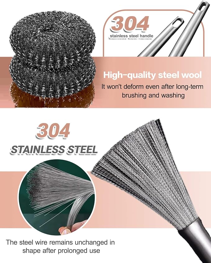 6 Pcs Stainless Steel Wool Scrubber – Heavy Duty Metal Scouring Pads for Kitchen, Cast Iron Pan & Grill – Rust Resistant, Non-Splintering,Odor Free Wire Sponges for Tough Grease & Burnt Food