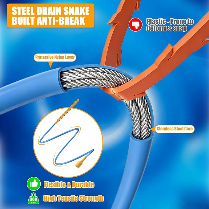 EastLink 30-Inch Reusable Drain Snake Hair Drain Clog Remover 6 Pack, Anti-Break Steel Sink Snake Drain Hair Removal Tool with Rotating Handle, Drain Cleaner Tool for Bathroom Sink, Shower, Bathtub