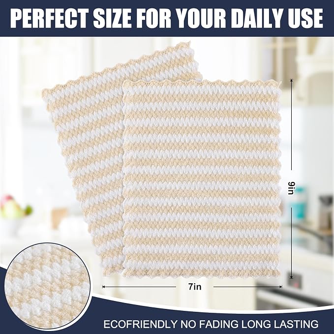 Homaxy 12 Pack Kitchen Dish Cloths, Ultra Soft and Absorbent Dish Towels, Reusable Fast Drying Microfiber Cleaning Cloth, Coral Velvet Wave Design No-lint, 7 x 9 inches, Beige