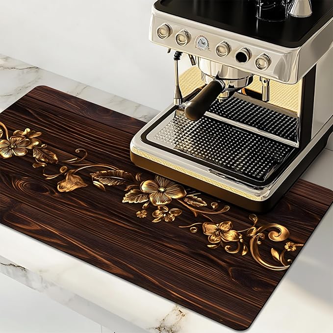 Dish Drying Mat Large Coffee Mat Absorbent Drying Mat for Kitchen Counter Coffee Bar Accessories 32"x 17", Gold Floral