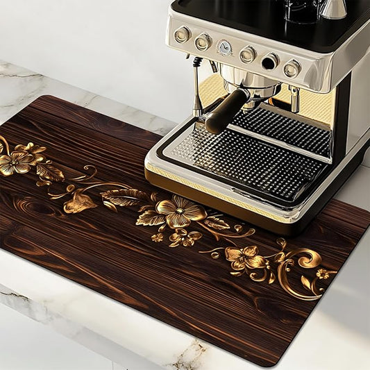Dish Drying Mat Large Coffee Mat Absorbent Drying Mat for Kitchen Counter Coffee Bar Accessories 32"x 17", Gold Floral