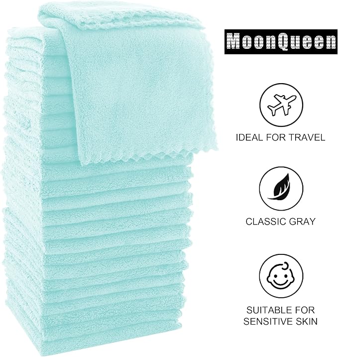 MOONQUEEN Ultra Soft Premium Washcloths Set - 12 x 12 inches - 72 Pack - Quick Drying - Highly Absorbent Coral Velvet Bathroom Wash Clothes (Frozen Blue)