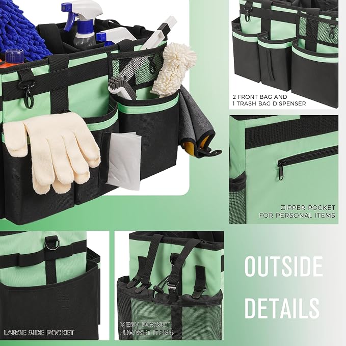 SCAVATA Wearable Cleaning Caddy, Cleaning Caddy Supplies Organizer with Handle & Shoulder Straps for Housekeepers, Under Sink & Car Cleaning Tool Organizers Bag with 4 Foldable Divider (MintGreen)
