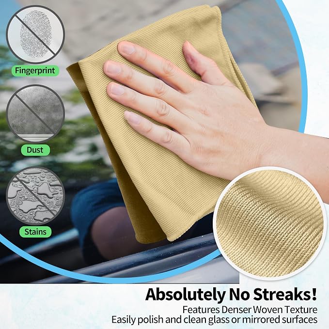 Microfiber Cleaning Cloth, 12 Pack Window Glasses Cleaning Cloth, Reusable Lint-Free Streak Free Polishing Cloth Wipes for Stainless Steel, Eyeglass, Mirror, Screen & Lense,12"*12" Beige