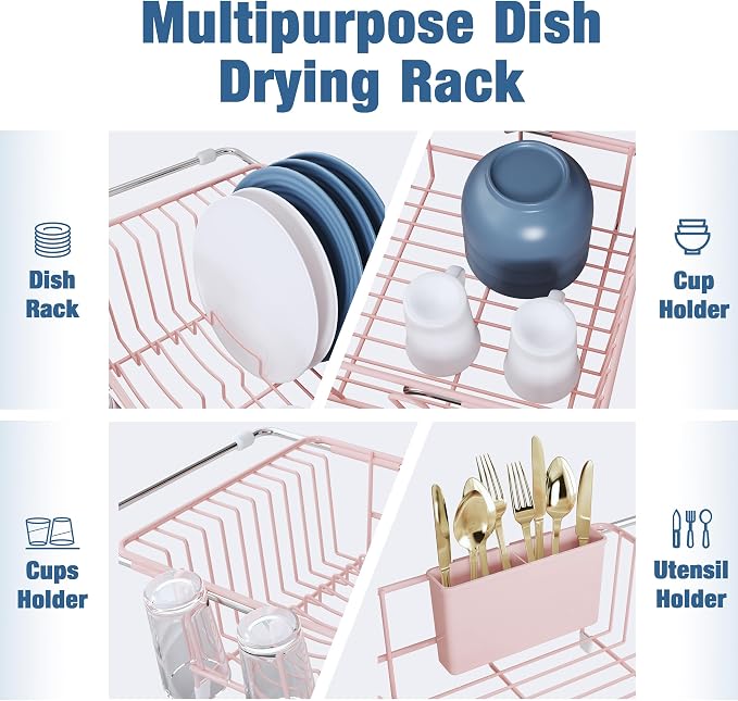 JASIWAY Pink Dish Drying Rack in Sink, Expandable Stainless Steel Dish Drainers with Drainboard for Kitchen Counter, Space Saving Dish Dryer Rack, Over The Sink Dish Racks with Utensil Holder