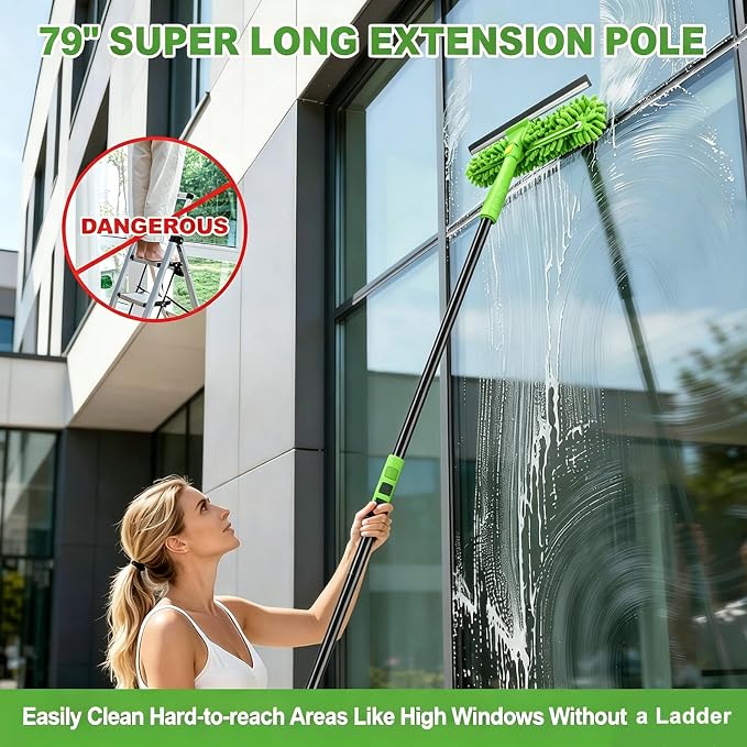 4-in-1 Window Cleaning Kit with Storage Bag, 79'' Window Squeegee Cleaner Tool with Extension Pole, Professional Window Washing Equipment for Home, Outdoor Windows, Glass, Shower, Commercial