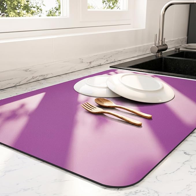Ecotrim - Dish Drying Mat for Kitchen Counter | Coffee Bar Mat for Countertops | Heat Resistant Drainer Mat with Non-slip Rubber Backed | Hide Stain Kitchen Absorbent Draining Mat | Purple 16"x20"