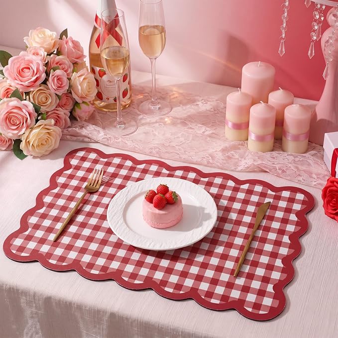 Scalloped Gingham Coffee Mat 12" x 20" Absorbent Coffee Bar Mat Gingham Espresso Matt for Counter(Red)