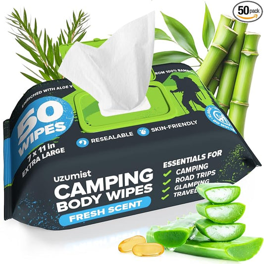 Camping Essentials - Body Wipes for Camping Adults Bathing No Rinse - 50 XL Deodorant Bathing Shower Wipes For Men Women - Disposable Washcloths & Personal Cleansing - Travel, Workout
