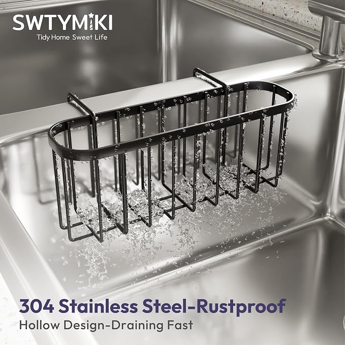 SWTYMIKI Sponge Holder for Kitchen Sink with Partition, Movable Kitchen Sink Caddy with Compact Size Stainless Steel Hanging Sink Sponge Caddy for Double Bowl Sinks, Black