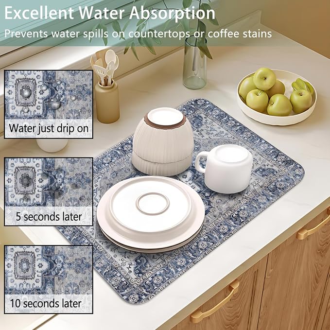 Dish Drying Mat 2-Pack with Medallion for Kitchen Counter Absorbent Dishes | Diatom Mud Mats (18x24, 19.5x12"). Non-slip rubber back for kitchen counter, coffee bar & sink scenes