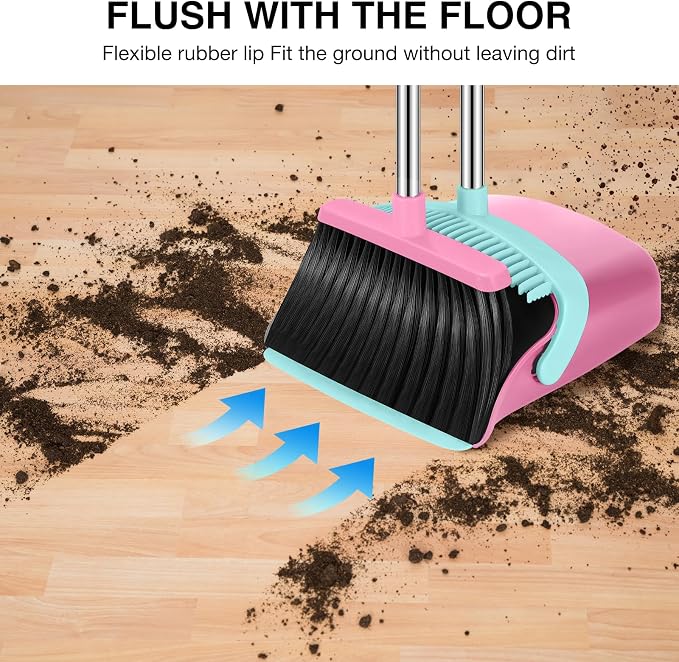 NACENA Broom and Dustpan Set with 52-in Long Adjustable Handle, Pink Blue | Broom Dustpan Combo with Dustpan Teeth to Automatically Clean Hair Suitable for Home Kitchen Office Hall Floor