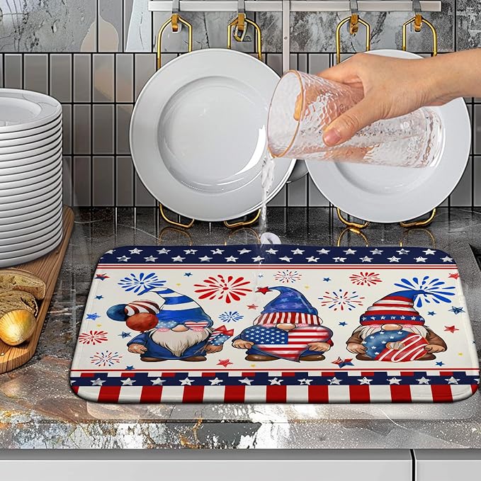 Patriotic Gnome Drying Mat 16x18 Inch American Memorial Day Independence Day Microfiber Dish Drainer Super Absorbent Dish Rack Mat for Kitchen Counter Holiday Decor