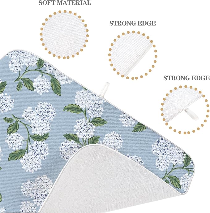 Light Blue Dish Drying Mat 18x24 Inch Vintage Blue Green Floral Hydrangea Flower Drying Mat Spring Summer Absorbent Dish Drying Pad Dish Rack Drainer Mats for Kitchen Dining Counter