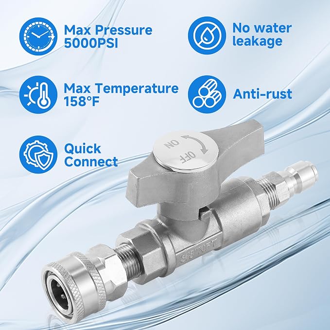 Ball Valve Pressure Washer– 3/8" Quick Connect Shut Off Valve for Power Washer Hose, 5000 PSI, Stainless Steel, Ideal for Fast Switching Between Surface Cleaner & Spray Gun