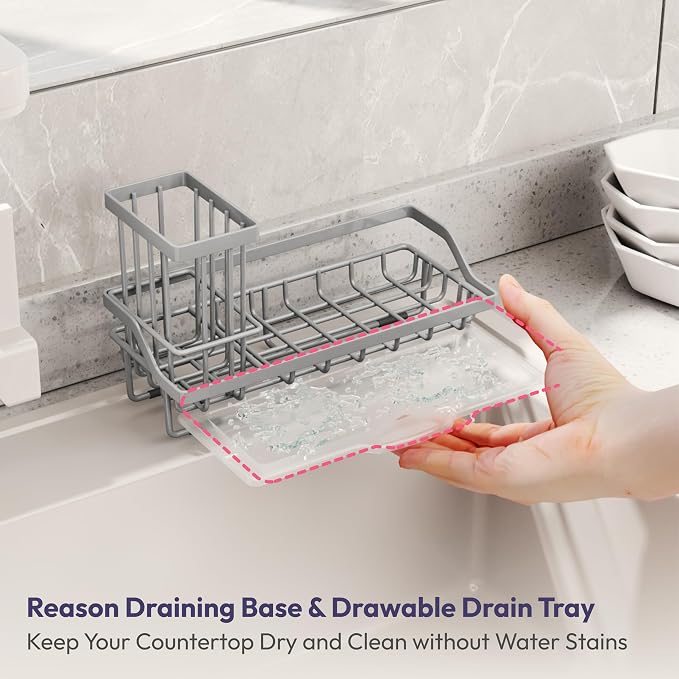 SWTYMIKI Sink Caddy Sponge Holder - Kitchen Sink Organizer with High Brush Holder for Countertop to Hold Dish Soaps and Sponges, Stainless Steel, Gray
