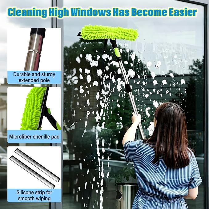 Window Squeegee Cleaner Tool, 67" 2-in-1 Rotatable Window Cleaning Kit with Stainless Steel Splicing Pole Streak Free Squeegee & Scrubber for Indoor Outdoor High Window Car Glass (Green)