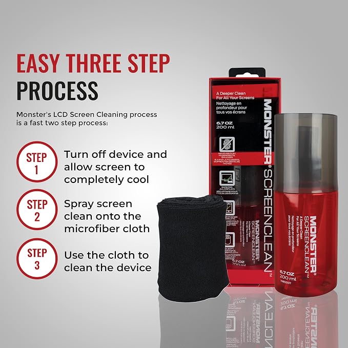 Monster Screen Cleaner Kit with Microfiber Cloth, 60 mL Screen Cleaner Spray for TVs, Monitors, Laptops, Tablets, Smartphones, Eyeglasses, LCD LED OLED Display Cleaner