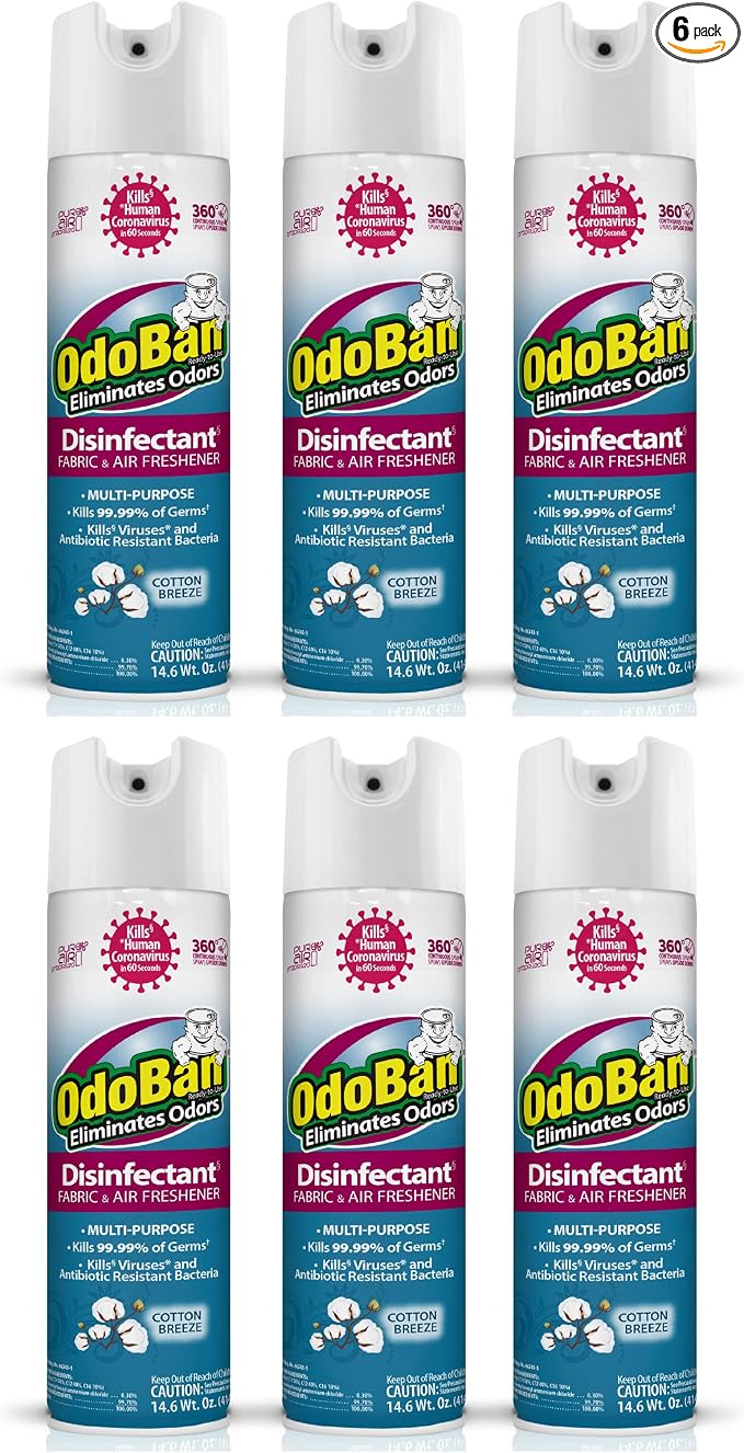 OdoBan Ready-to-Use 360-Degree Continuous Spray Disinfectant & Harsh Aroma Eliminator, Fabric & Air Freshener, Made in the USA, Cotton Breeze Scent, 14.6 Ounces, 6 Pack
