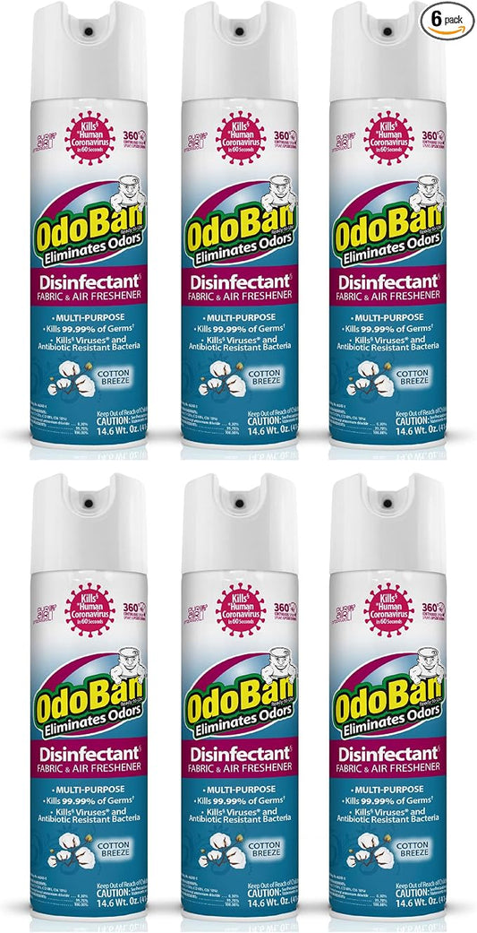 OdoBan Ready-to-Use 360-Degree Continuous Spray Disinfectant & Harsh Aroma Eliminator, Fabric & Air Freshener, Made in the USA, Cotton Breeze Scent, 14.6 Ounces, 6 Pack
