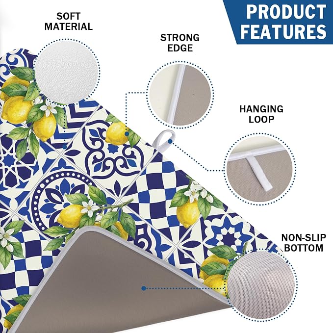 Lemon and Blue Tile Dish Drying Mat 18x24 Inch Absorbent Reversible Mexican Tilt Drying Mat Blue White Italy Lemons Dish Drying Rack Mat Summer Themed Dish Drainer Mat for Kitchen Counter Coffee Bar