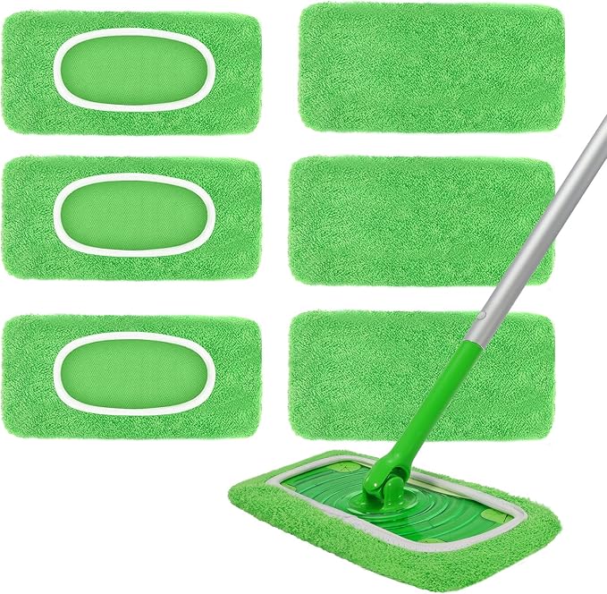 6 Pack Reusable Microfiber Mop Pads - Compatible with Sweeper, Reusable Mop Pads, Washable Dry Cloths & Wet Pads Refill for Hardwood Laminate Tile Floor Cleaning (6, Green, M)