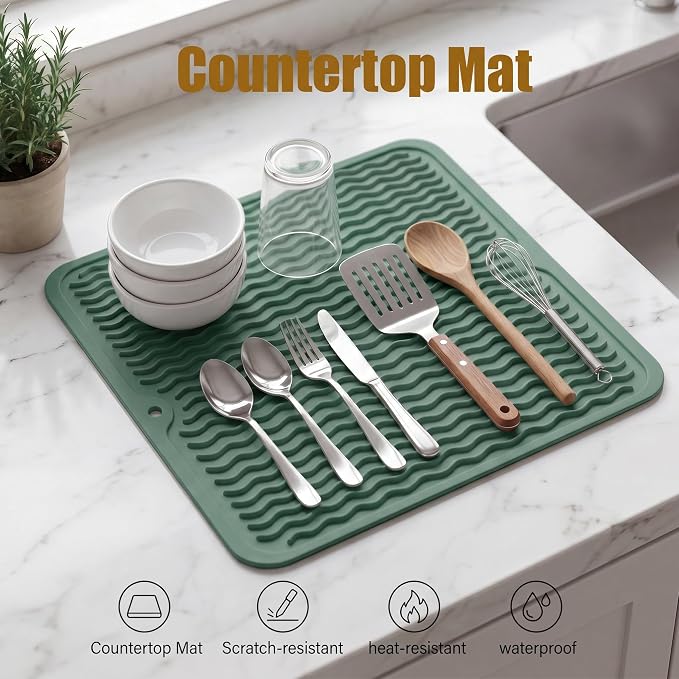 MicoYang Silicone Dish Drying Mat for Multiple Usage,Easy clean,Eco-friendly,Heat-resistant Silicone Mat for Kitchen Counter or Sink,Refrigerator or Drawer liner Green M 12 inches x 12 inches