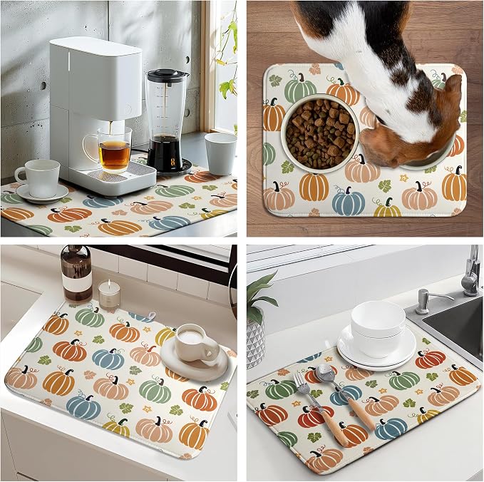 Fall Pumpkin Dish Drying Mats Thanksgiving Dish Mat Autumn Maple Leaves Drying Matt Dishes Dryer Pad for Kitchen Counter Absorbent Microfiber Washable Foldable Reusable 18x24 in
