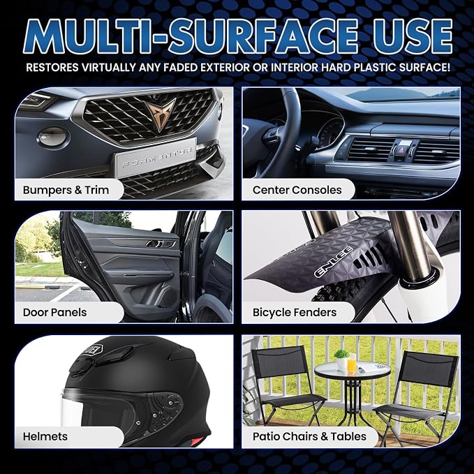 Plastic Restorer Spray for Car Exterior & Interior – 5oz (150ml) Kit with Applicator Sponge – Restores Black Trim, Door Panels, Bumpers & Vinyl Surfaces – Anti-UV, Water-Resistant, No Greasy Residue