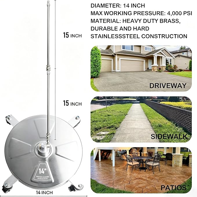 Hourleey 14" Pressure Washer Surface Cleaner, Stainless Steel Surface Cleaner with 4 Wheels for Concrete, Patio, Sidewalk, Deck, Pathway 1/4" Quick Connector, 2 Extension Wand, 4000 PSI
