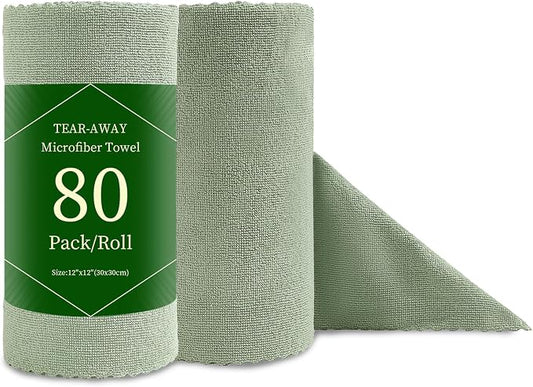 Jessy Home 80 Pack Microfiber Cleaning Cloth Roll Reusable Paper Towels 12"x12" Tear Away Cloth, Microfiber Towels for Cars, Wash Cloths, Lint Free Rags for House, Kitchen,Window,Cleaning Supplies