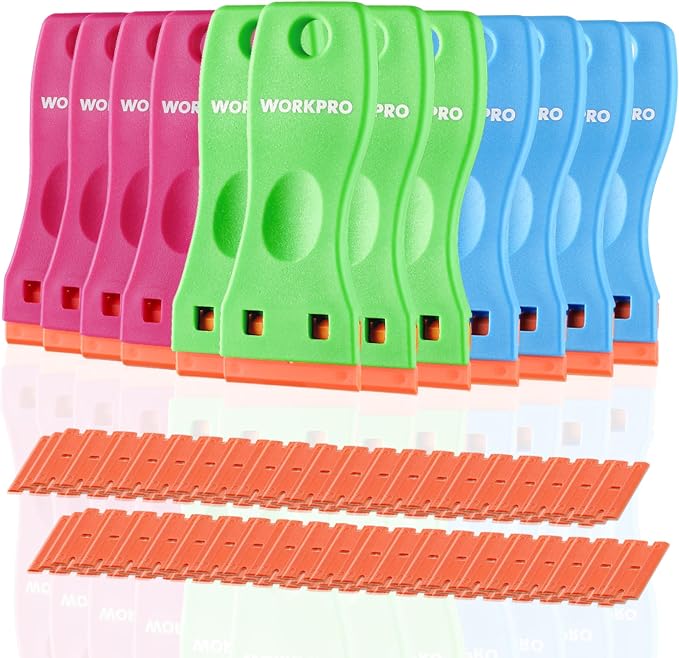 WORKPRO Plastic Razor Blade Scraper Kit, 12 Scrapers with 120 Blades | Plastic Blade Design, Easy Replacement, Multi-Surface Cleaning for Windows, Glass, Appliances, DIY and Home Projects