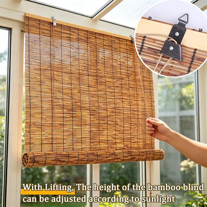 Outdoor Retro Bamboo Shades for Home Garden Bamboo Porch Light Filtering Roller Blinds Cordless Waterproof Sun Shade Roll Up Curtain with Lifter Blackout Privacy Screen