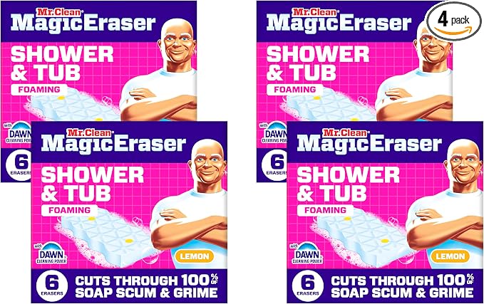 Mr. Clean Magic Eraser Sponge, Bathroom, Shower, Tub Cleaner, Soap Scum Remover, Bathroom Cleaning Supplies, Dawn Cleaning Power with Lemon Scent, Shower & Tub, 6ct (Pack of 4)