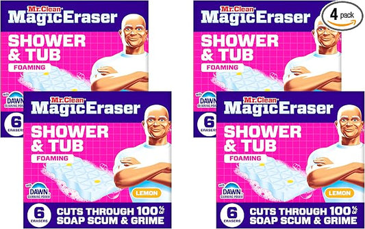Mr. Clean Magic Eraser Sponge, Bathroom, Shower, Tub Cleaner, Soap Scum Remover, Bathroom Cleaning Supplies, Dawn Cleaning Power with Lemon Scent, Shower & Tub, 6ct (Pack of 4)
