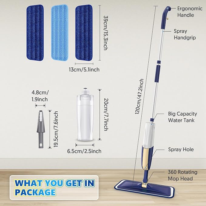 Spray Mops for Hardwood Floor Cleaning: Wet Floor Mops Refillable Reusable | 3 Washable Pads for Swiffer Powermop, Flat Mop with Sprayer Commercial Dust Mop, for Wood Laminate Tile Vinyl Cement Concrete