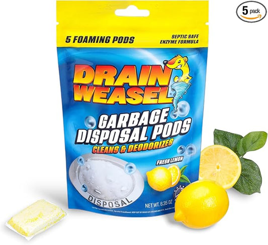 Drain Weasel Garbage Disposal Pods Cleaner and Deodorizer, Pack of 5 | Sink Odor Eliminator with Foaming Action, Septic-Safe Enzyme Formula, Fresh Lemon Scent