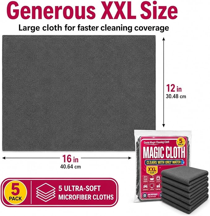 Magic Cleaning Cloth 5-Pack, Microfiber Cleaning Cloths 16x12 Inch, Lint Free Reusable Cleaning Rags for Glass, Window, Kitchen, Stainless Steel, Cars & Screens，5PCS