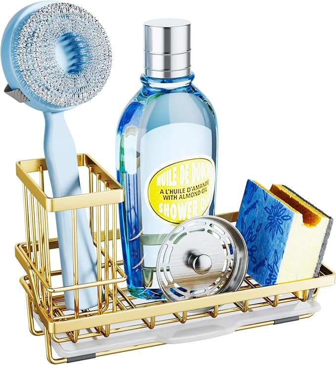 SWTYMIKI Sink Caddy Kitchen Sink Organizer with Detachable Brush Holder, Stainless Steel Sponge Holder with Removable Drip Tray Sponge Caddy for Kitchen Countertop, Gold