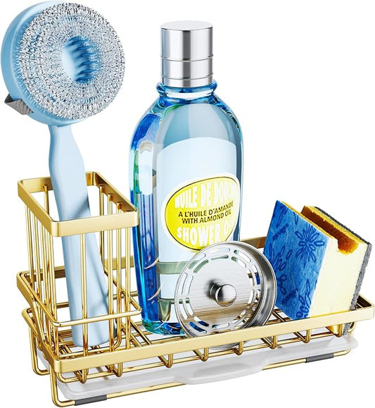 SWTYMIKI Sink Caddy Kitchen Sink Organizer with Detachable Brush Holder, Stainless Steel Sponge Holder with Removable Drip Tray Sponge Caddy for Kitchen Countertop, Gold