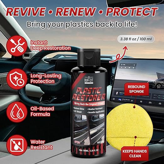 Plastic Restorer for Cars, Black Trim Restorer for Faded Plastic, Vinyl & Rubber, Long-Lasting UV Protection, Restores Deep Black Shine, Car Exterior & Bumper Trim Restorer, 3.38 fl oz