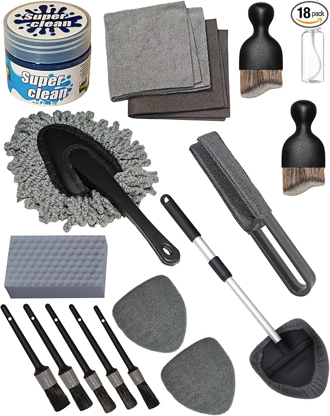 oesee 18Pcs Professional Car Interior Detailing Kit All-in-One Cleaning Tools for Windows, Dashboard, Vents, Windshield Cleaner Brush, Magic Sponge, Chamois Cloth, Detailing Brushes & Accessories