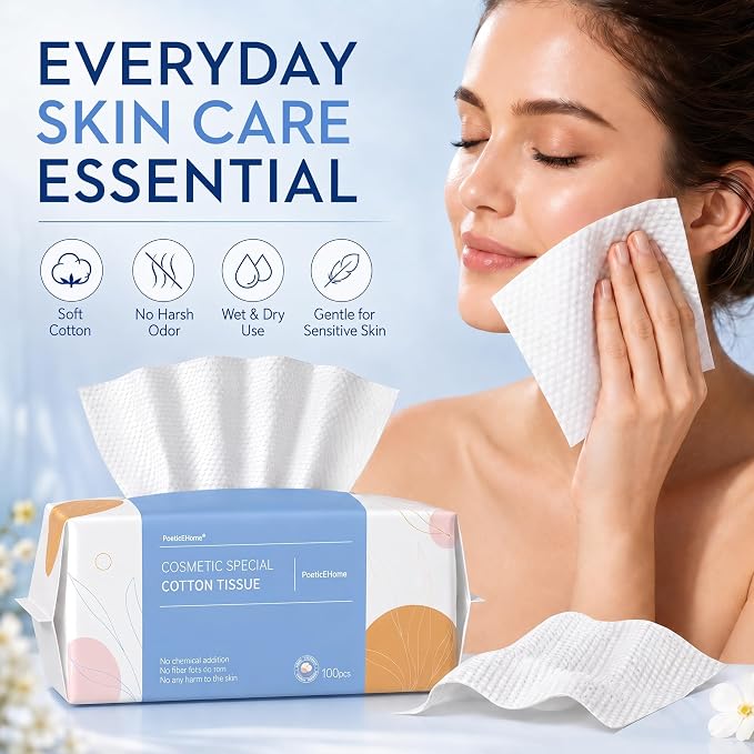 PoeticEHome Soft Dry Wipe 6 Pack, 100% Cotton Face Tissues, Lint Free Facial Cleansing Towels Disposable, Extra Thick Dry and Wet Use for Sensitive Skin, Makeup Removing, Surface Cleaning (600 Count)